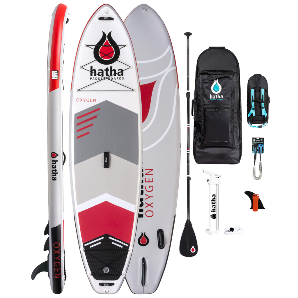 Hatha Oxygen Red iSUP package complete with bag, paddle, pump, fins, leash and repair kit.